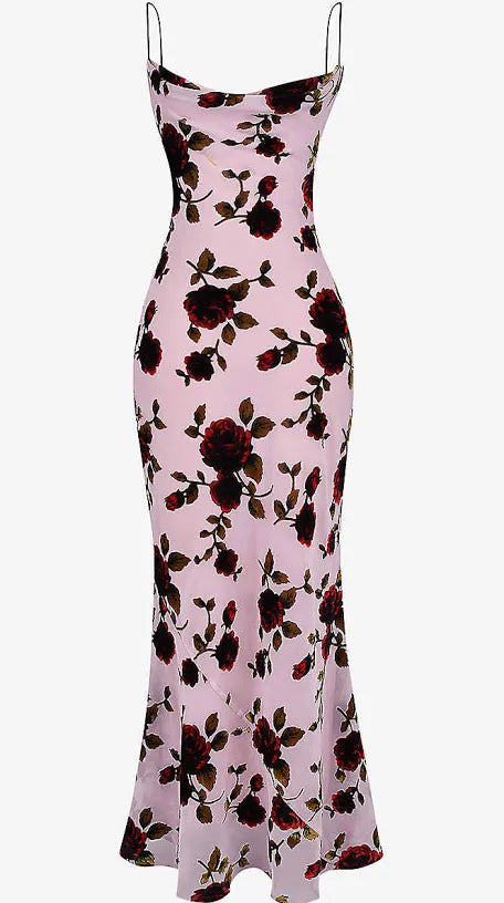 A&A Backless Lace Up Floral Print Mesh Dress Cashmere