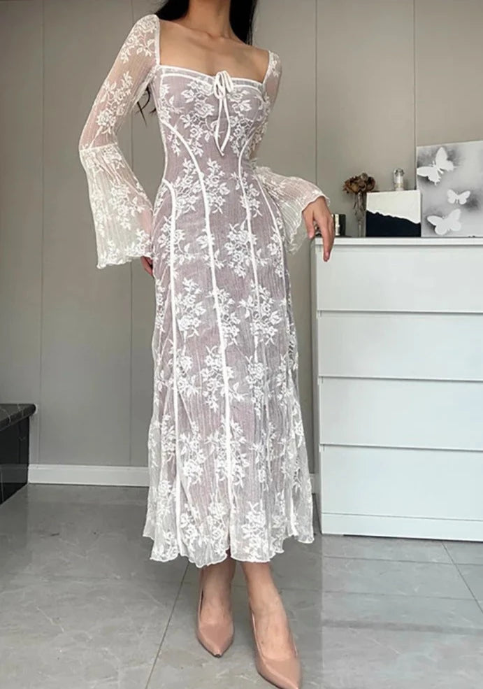 A&A Luxe Vintage Square Collar Lace Long Sleeve Maxi Dress Edgy Women's Punk
