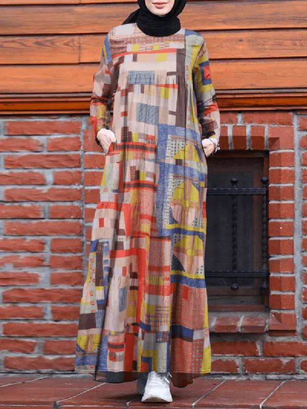 Women Abstract Print Tiered Vintage Robe Long Sleeve Maxi Dresses with Pocket Hip Women's Urban