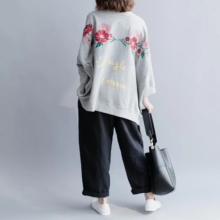Embroidered Bat Sleeve Loose Cotton T-Shirt Classic Women's Pin - striped