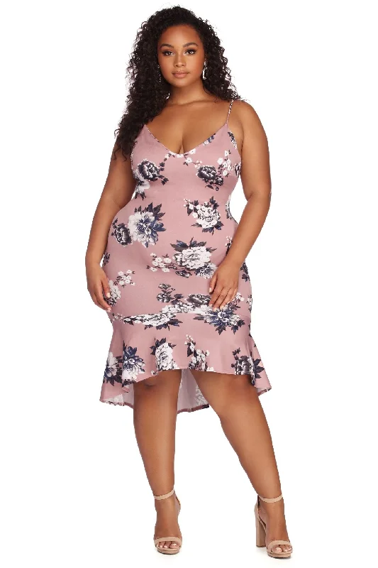 Plus Flow With Charming Floral Midi Dress Sophisticated Women's 