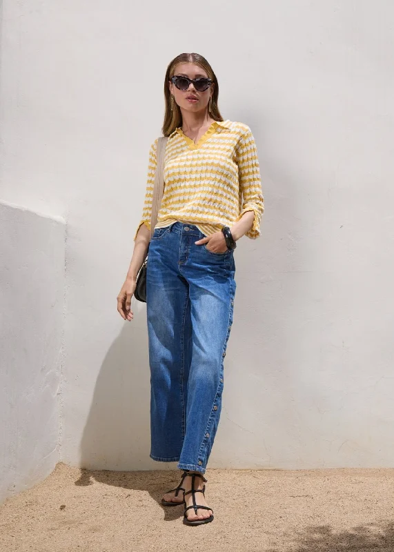 3/4 Sleeve Polo Sweater, Yellow Stripe Street