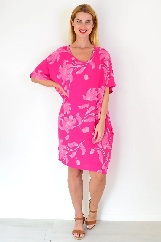 Pink Embroidery Print Linen Dress Sharp Women's Italian