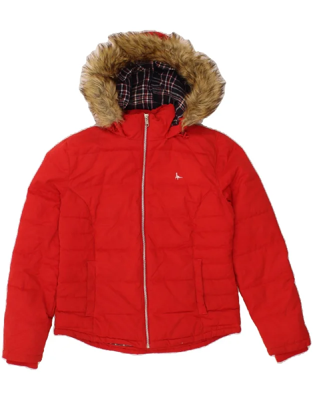 JACK WILLS Womens Hooded Padded Jacket UK 8 Small  Red Polyester Stylish Women's Neon
