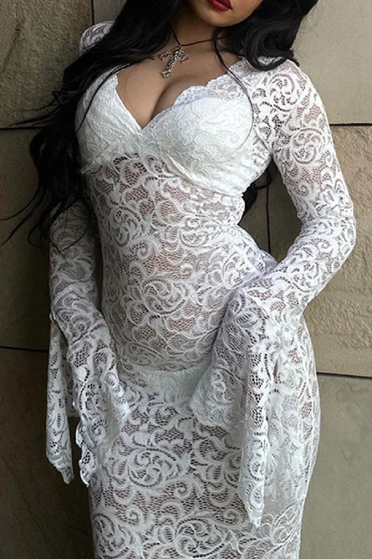 Lace V Neck Flares Sleeve Dress Elegant Women's 