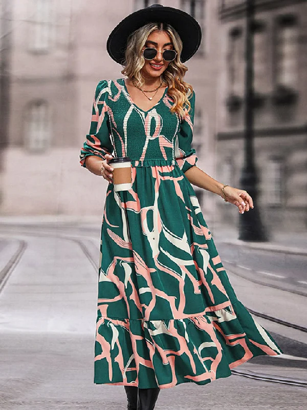Printed Smocked V-Neck Three-Quarter Sleeve Midi Dress Refined Women's Velvet