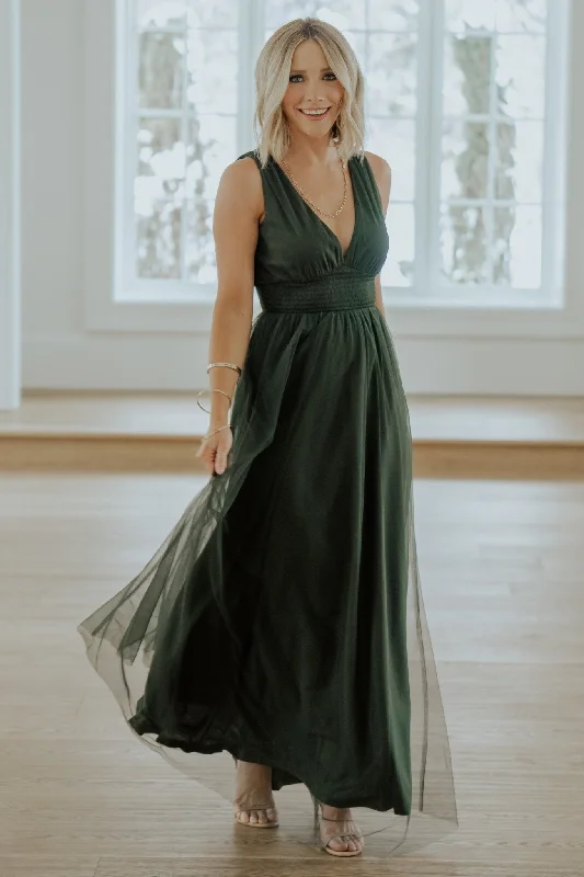 Kamila Tulle Maxi Dress | Juniper Green Polished Women's Silk