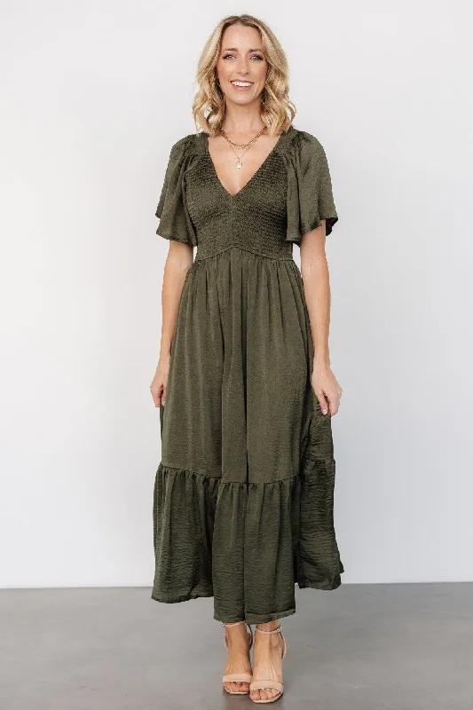 Lovell Smocked Midi Dress | Deep Olive Practical Women's Multi - 