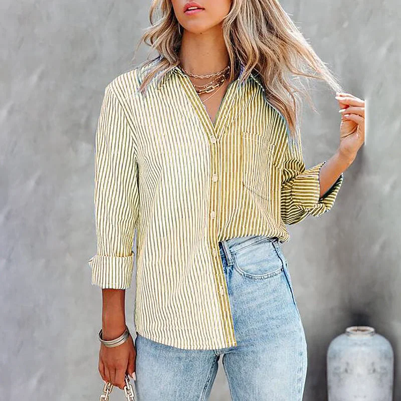 Casual Striped Colorblock Printed Long Sleeve Single Breasted Shirt Wholesale Womens Tops Refined Women's Velvet