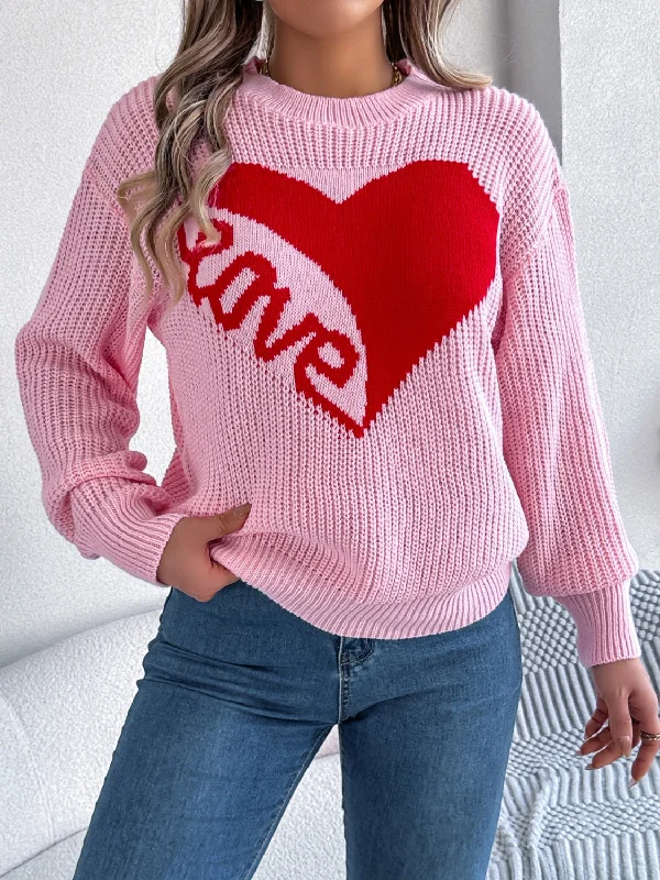 LOVE Heart Round Neck Dropped Shoulder Sweater Youthful Women's Anime - inspired