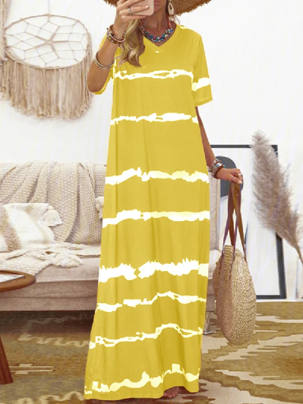 Bohemian Stripe Printed Clash Color Splicing Design V-Neck Dress Cool Women's Distressed Bohemian Stripe Printed Clash Color Splicing Design V-Neck Dress Cool Women's Distressed