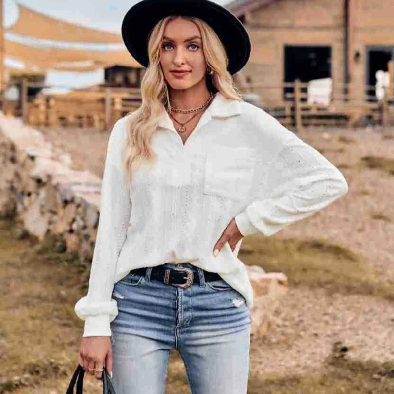 Casual Solid Colour Lapel Long Sleeve Knitted Top Wholesale Womens Tops Relaxed Women's 