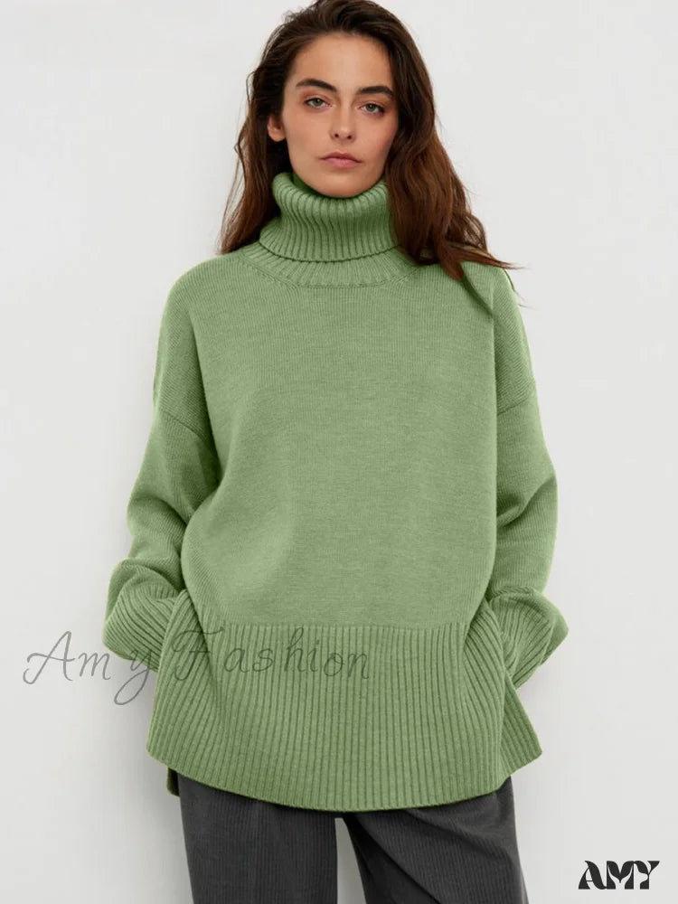 Turtle Neck Autumn Winter Women Soft Warm Basic Knitted Split Pullover Loose Casual Sweater Disco Turtle Neck Autumn Winter Women Soft Warm Basic Knitted Split Pullover Loose Casual Sweater Disco