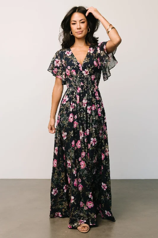 Lynlee Metallic Maxi Dress | Dark Blue + Pink Elegant Women's 