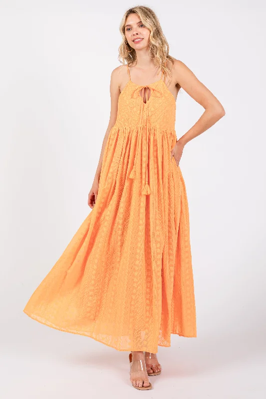 Orange Embroidered Tassel Tie Maxi Dress Bohemian Women's Free