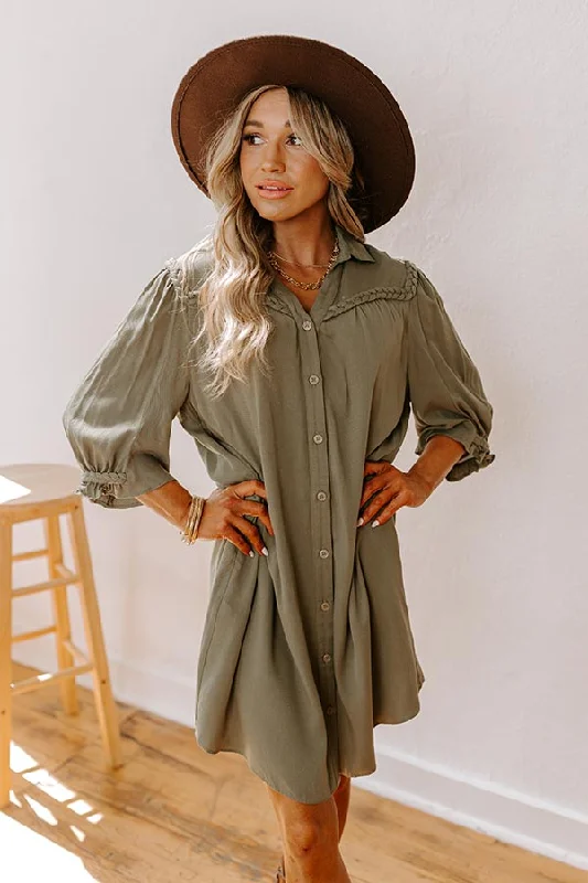 Falling Leaves Button Down Mini Dress in Olive Sustainable Organic