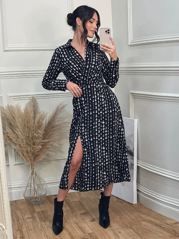 Wrap Detail Shirt Maxi Dress, Black Pattern Artistic Women's Hand - painted
