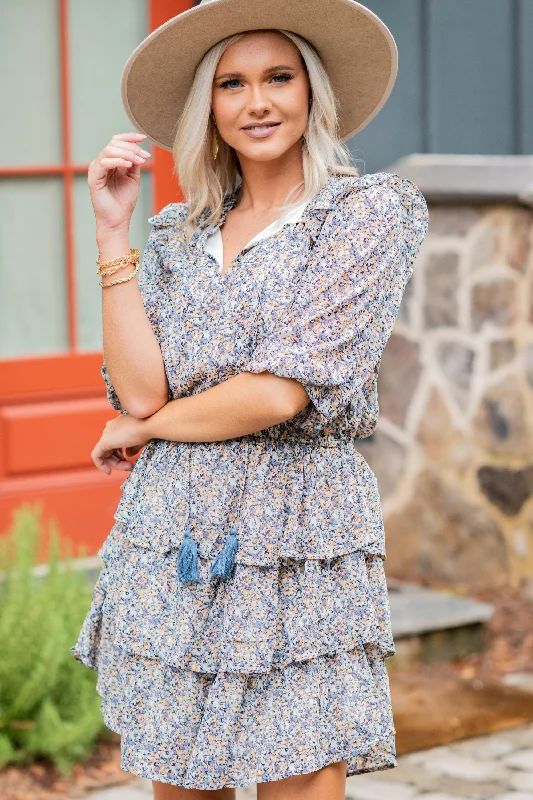 It's All You Dusty Blue Ditsy Floral Dress Dapper Women's 1920S