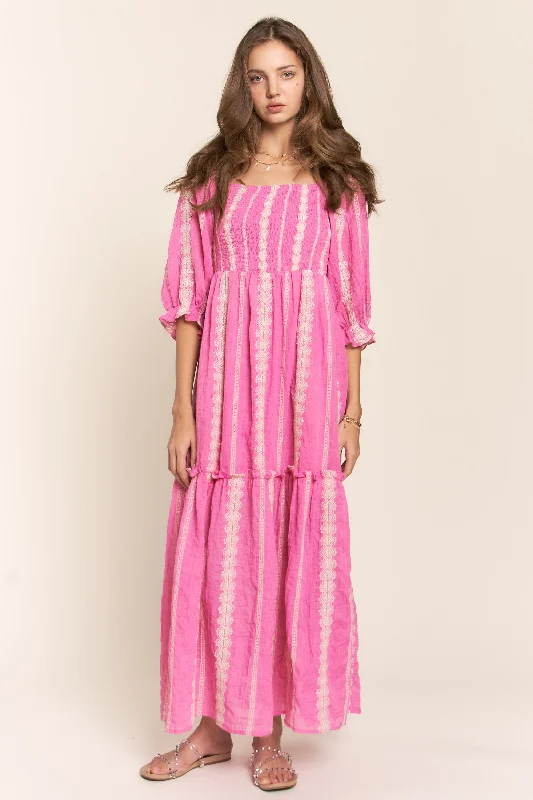 Pink Embroidered Detail Smocked Top Maxi Dress Minimalist Women's Casual