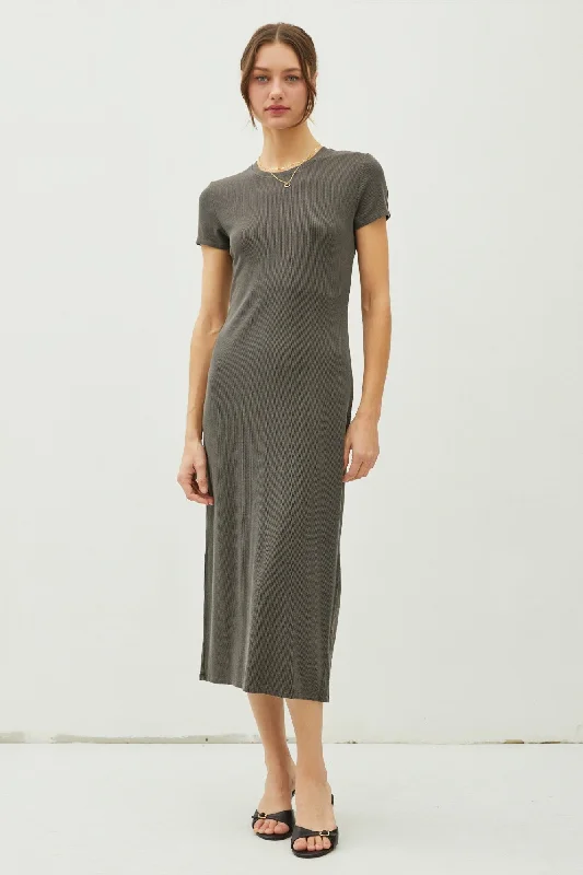 Charcoal Rib Knit Back Slit Dress Hip Women's Urban