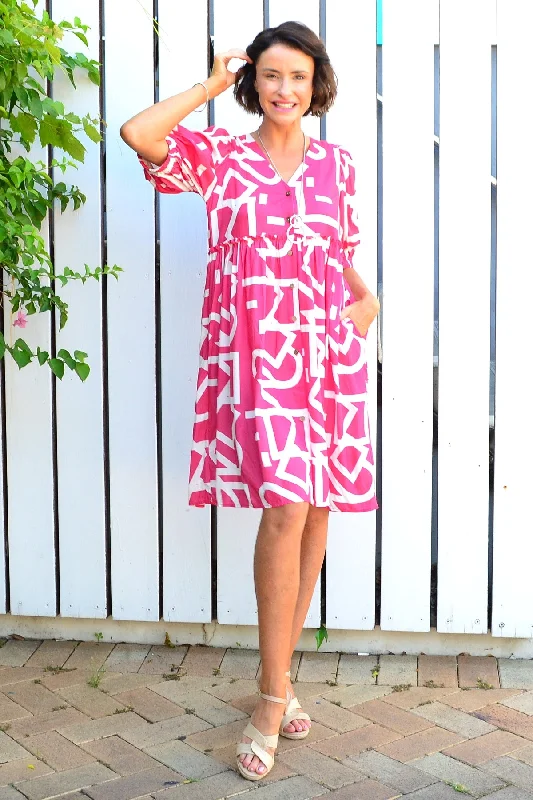 Pink White Front Button Up Tunic Dress Polished Women's Silk