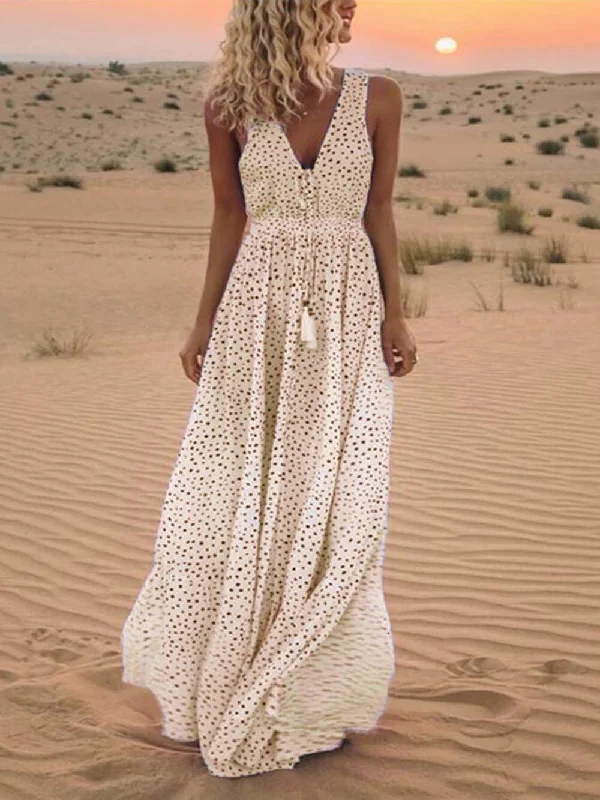 Bohemian V-Neck Sleeveless Charming Polka-Dot Maxi Skirt Laid - back Women's Vibe