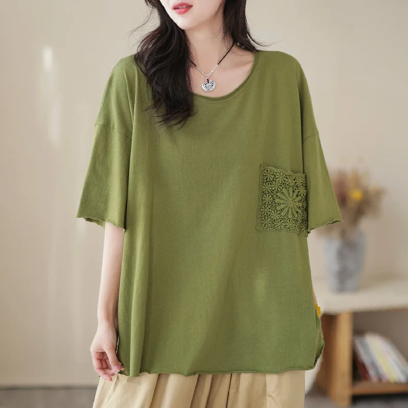 Women Summer Loose Cotton Solid Embroidery T-Shirt Traditional Women's 