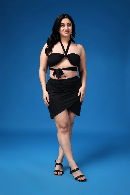 Black Solid Top with Halter Neck Tie Sophisticated Women's 
