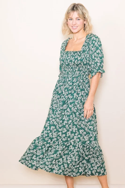 Green Square Neck Smocked Dress Cozy Women's Sherpa - lined