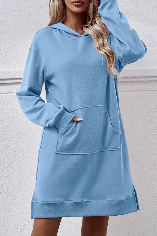 Pocket Slit Midi Hoodie Dress Elegant Women's Formal 