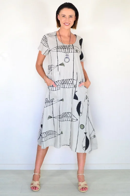 Beige Linen Cotton Print Tunic Dress Artistic Women's Hand - painted