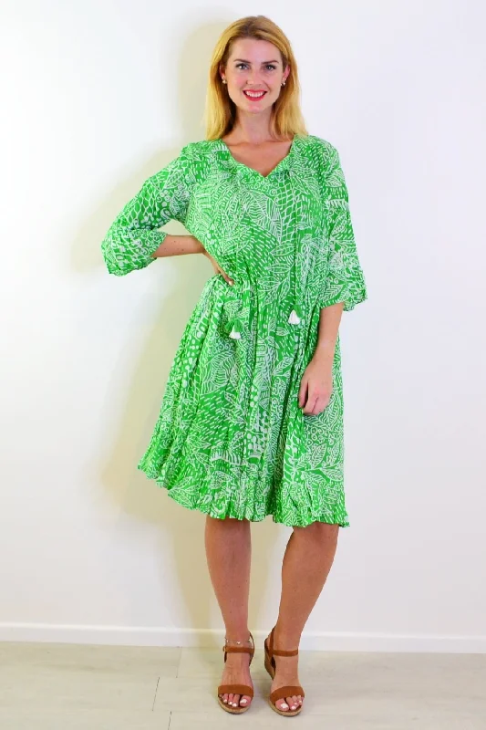 Leros Green Dress 3/4 Frill Sleeve Modern Women's 