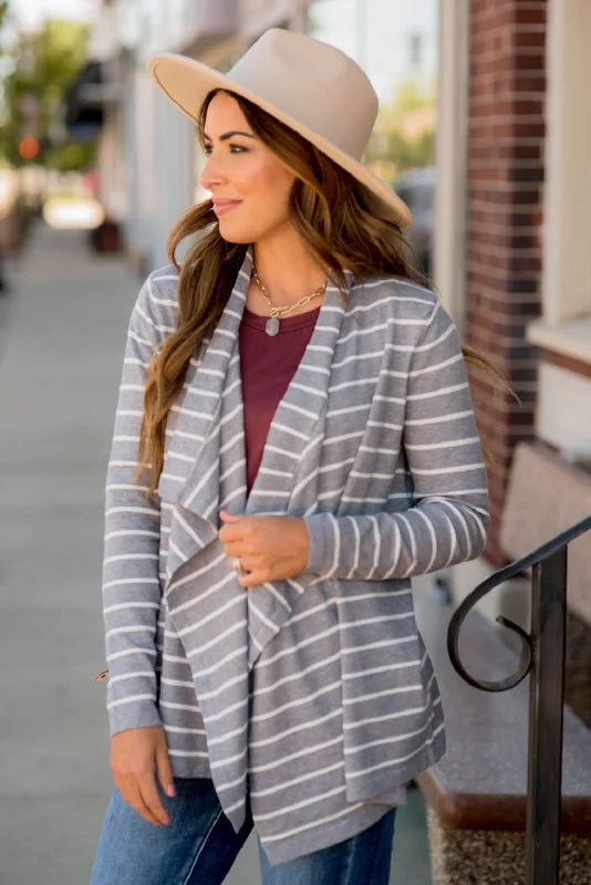 Basic Striped Waterfall Cardigan Monochromatic Office Style