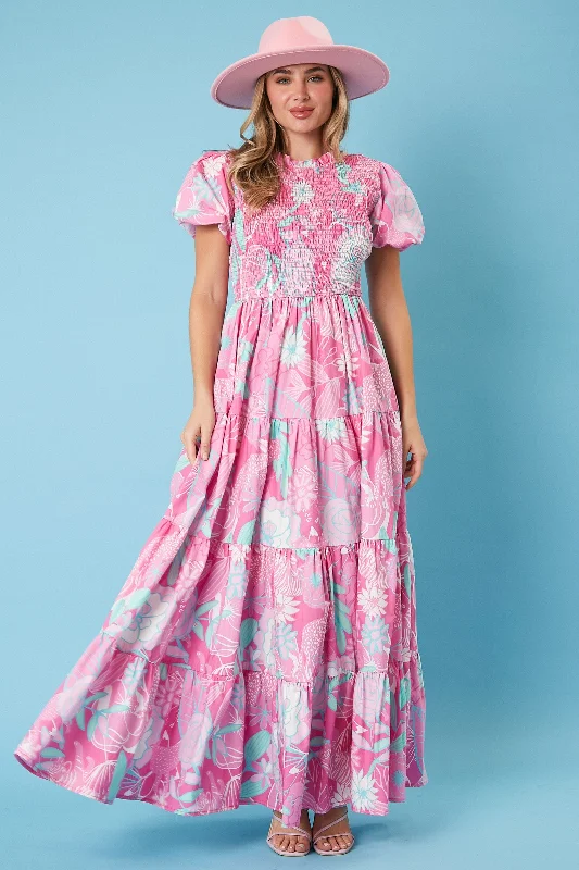 Pink Floral Smocked Short Puff Sleeve Tiered Maxi Dress Traditional Women's 