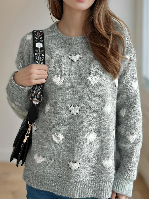 Heart Round Neck Long Sleeve Sweater Stylish Women's Neon