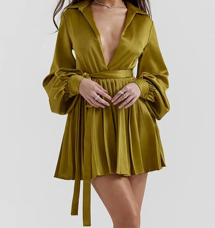 A&A Satin Pleated Olive Shirt Dress Refined Women's 