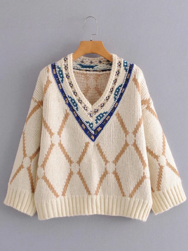 Embroidered pattern V-neck thickened ethnic style sweater loose-fitting sweater for women  1368 Youthful Women's Pop