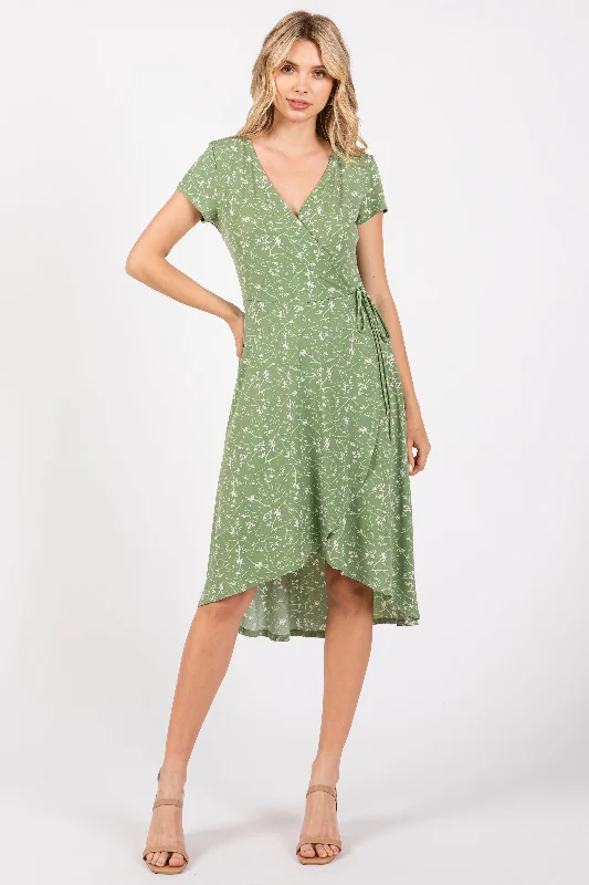 Green Floral Hi-Lo Wrap Dress Polished Women's Silk