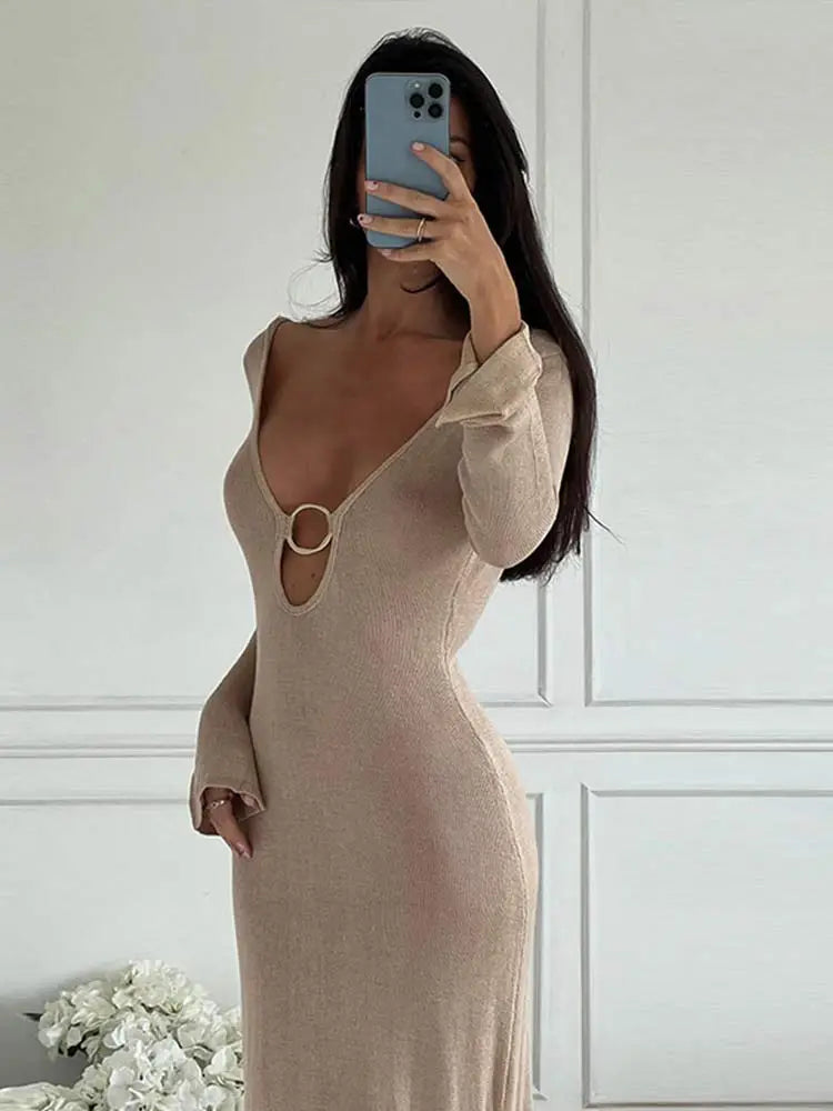 A&A Deep V Neck Long Sleeve Backless Knitted Maxi Dress Adventure