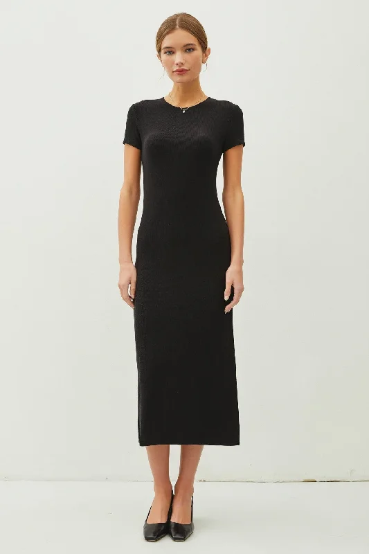 Black Rib Knit Back Slit Dress Elegant Women's 