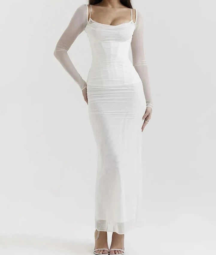 A&A Elegant Sheer Long Sleeve Bustier Maxi Dress Earthy Women's 