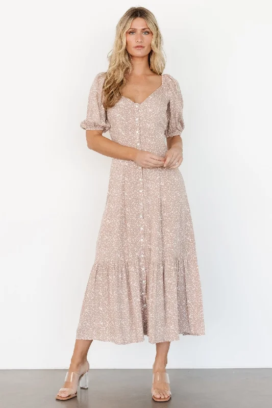 Mathilda Button Maxi Dress | Beige Floral Tough Women's Military - inspired