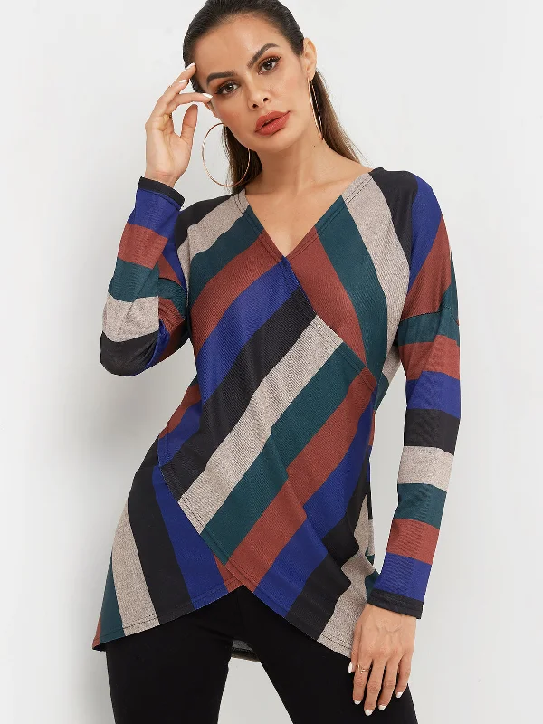 Custom V-Neck Stripe Crossed Front Long Sleeve Irregular Hem T-Shirts Vintage Women's 1970S 