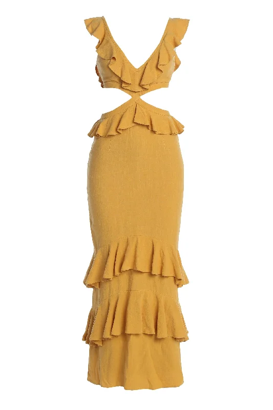 Yellow Sunshine Ruffle Linen Dress Modern Women's 
