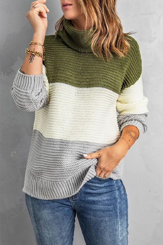 Color Block Turtleneck Long Sleeve Sweater Tough Women's Military - inspired