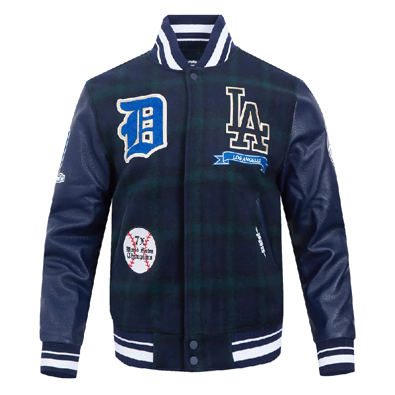 MLB LOS ANGELES DODGERS PRO PREP PLAID WOOL MEN'S VARSITY JACKET (FOREST GREEN/MIDNIGHT NAVY) Refined Women's Classic 