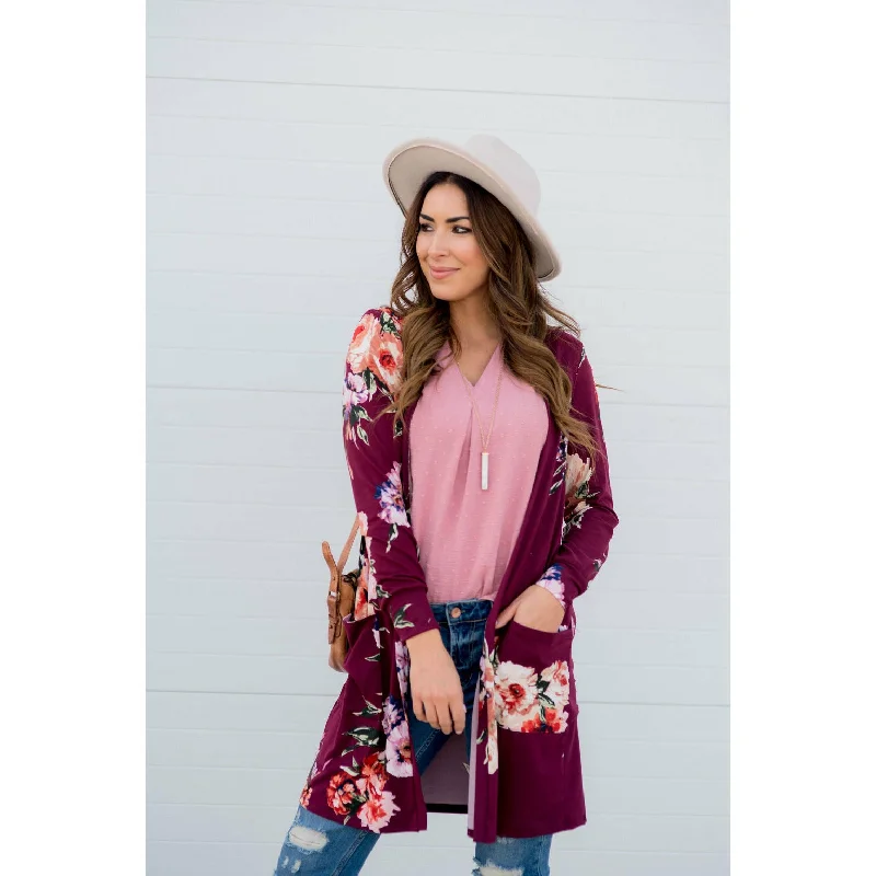 Floral Garden Burgundy Tunic Cardigan Cool Women's Distressed
