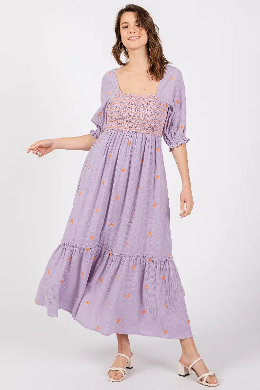 Lavender Gauze Smocked Embroidered Square Neck Midi Dress Cool Women's Distressed