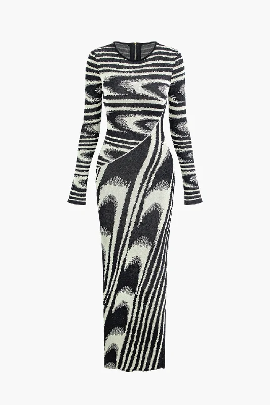 A&A Abstract Long Sleeve Knitted Maxi Dress Youthful Women's Anime - inspired