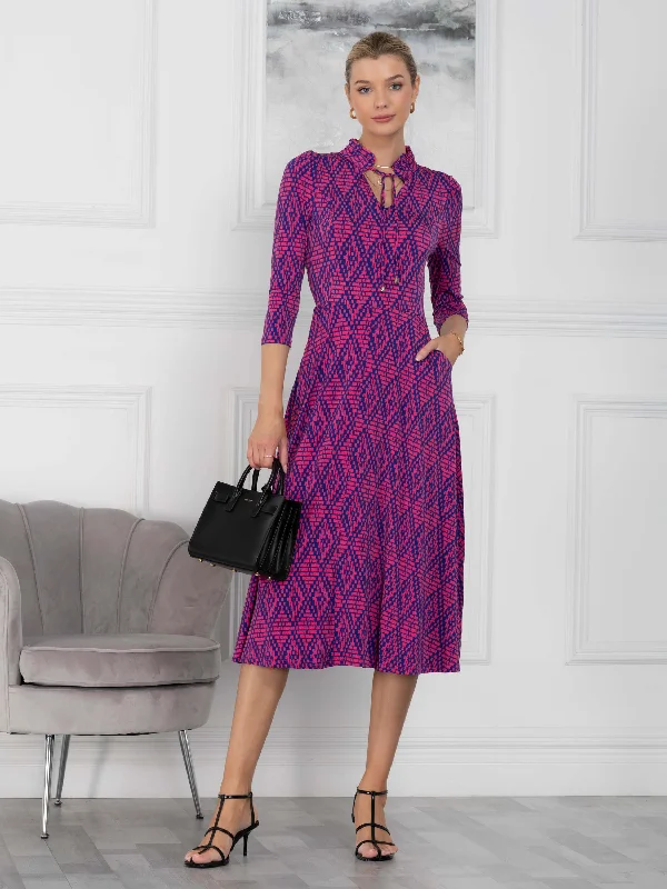 Jennifer Tie Neck Midi Dress, Pink Multi Traditional Women's 